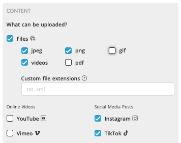 Field settings — choose which file types, online videos, and social posts count as an entry