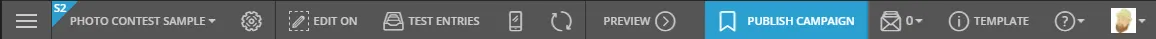 The Campaign Builder top toolbar, running left to right: the campaign name, Edit On, Test Entries, mobile and refresh buttons, Preview, Publish Campaign, entries, Template, and help.