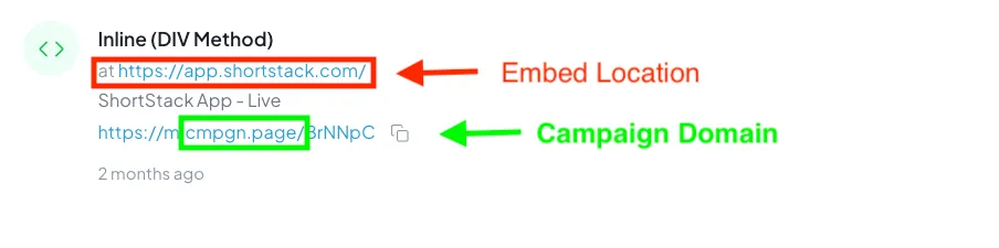 A campaign publication record. A red arrow labelled Embed Location points to the site address the campaign is embedded on; a green arrow labelled Campaign Domain points to the cmpgn.page part of the campaign's own URL.