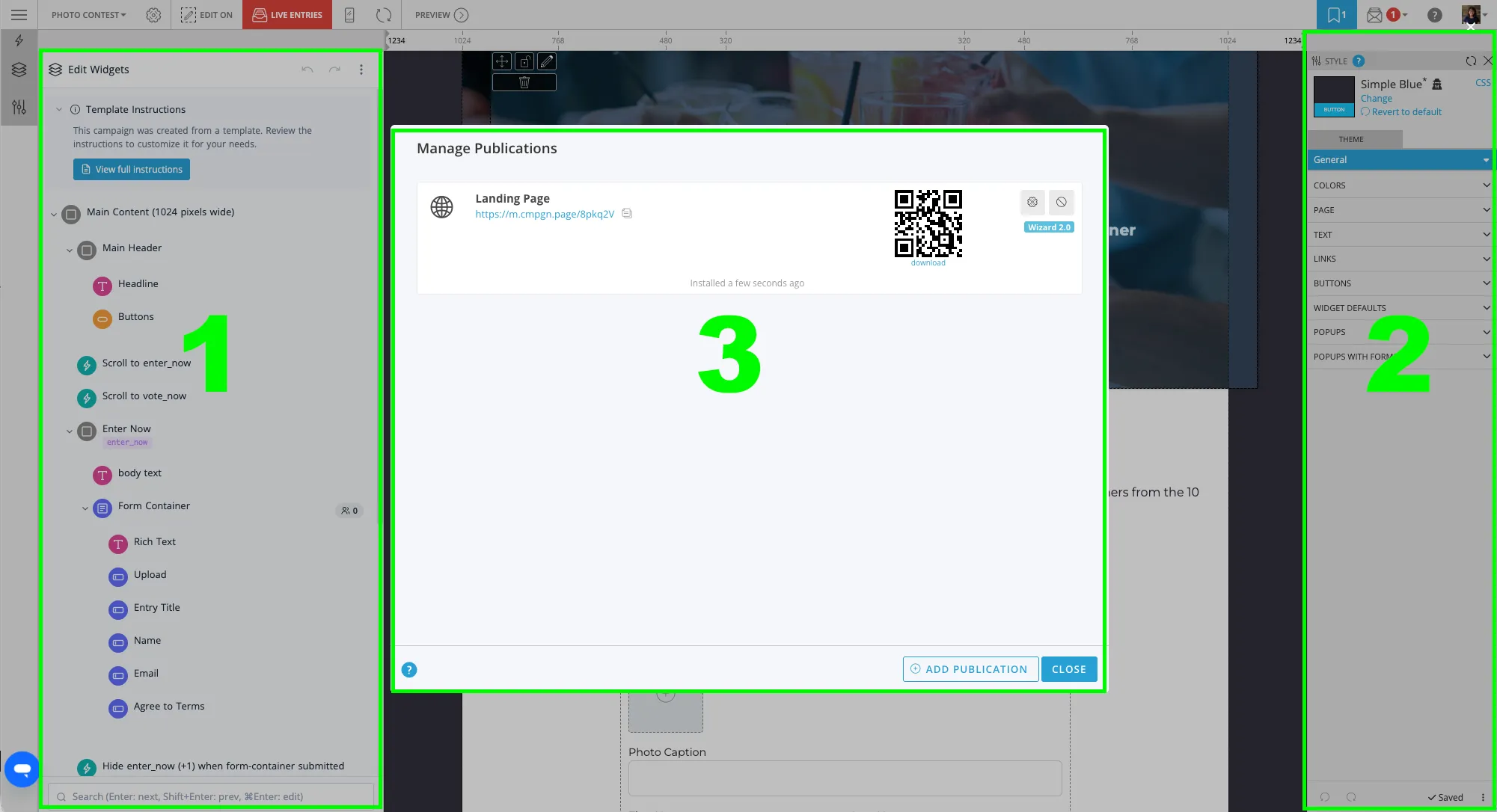 The Campaign Builder with its three panels outlined in green and numbered: the Edit Widgets panel on the left, the Style Panel on the right, and the campaign canvas in the middle, here showing the Manage Publications dialog.