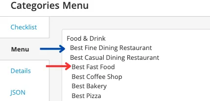 The Categories Menu editor on the Menu tab. Under Food and Drink, a blue arrow points to Best Fine Dining Restaurant at the first indent level and a red arrow points to Best Fast Food at a deeper indent.